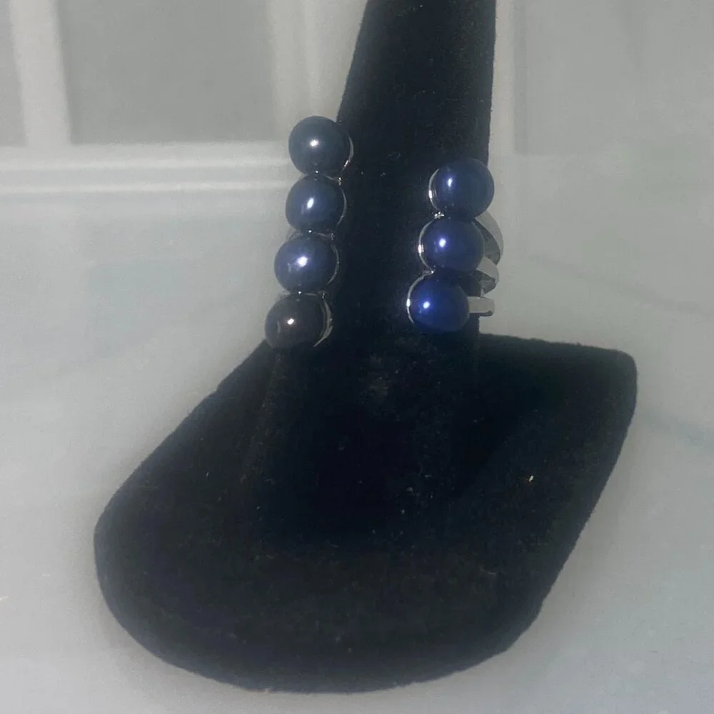 Midnight Blue Glass Stone Ring Silver Tone Sz Adjustable